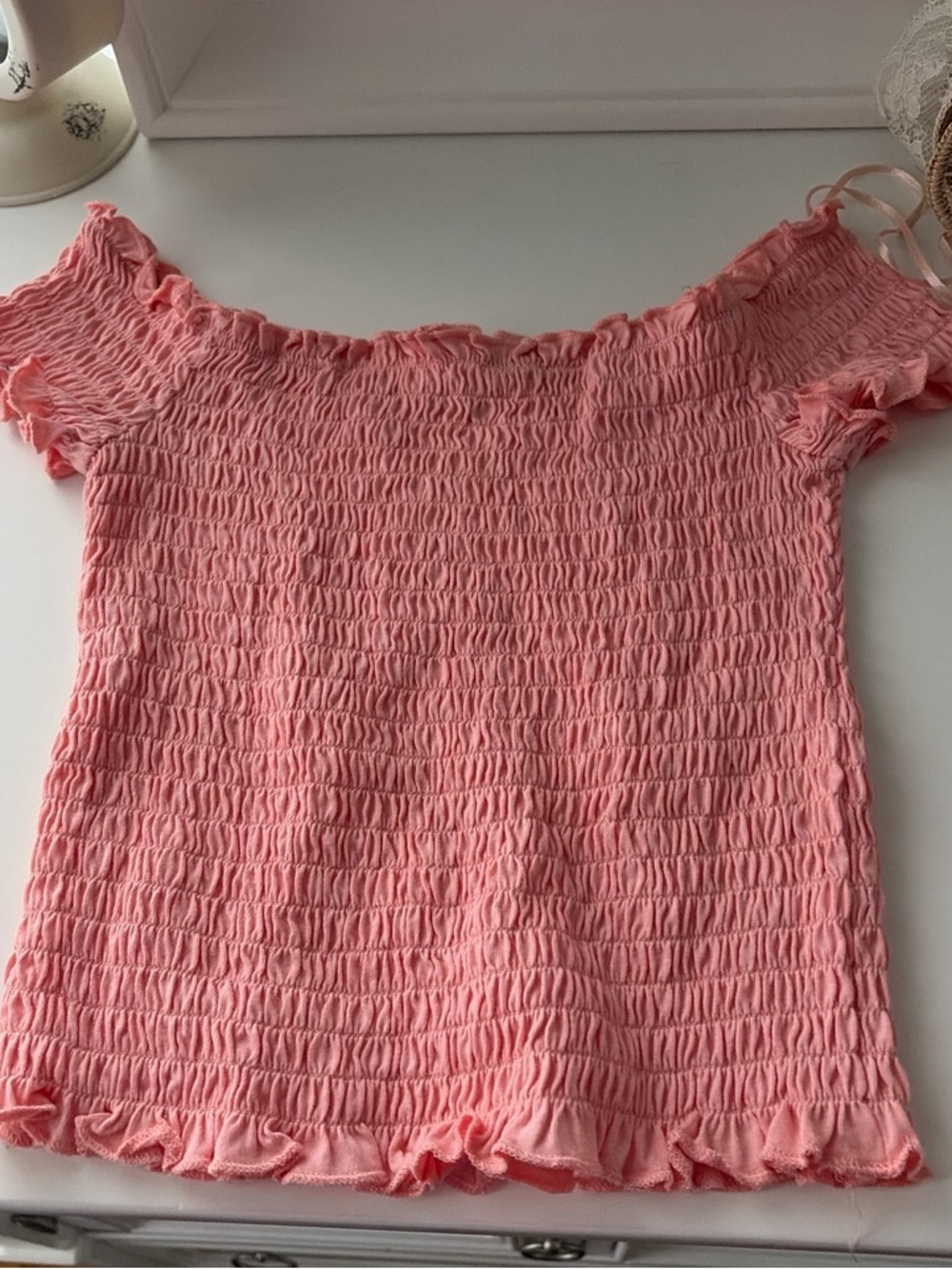 Hollister Coral Pink Smocked Off-Shoulder Crop Top